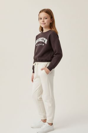 Kız Çocuk Sweatshirt Brooklyn Baskılı Kahverengi Crop Uzun Kollu Günlük ve Özel Gün