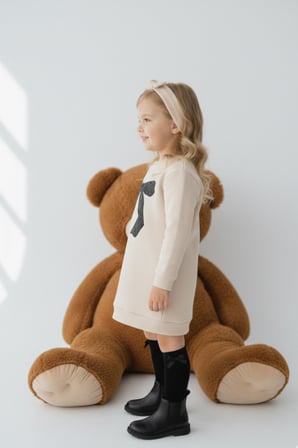 Kız Çocuk Elbise Fiyonk Baskılı Krem Sweatshirt Elbise Uzun Kollu Günlük ve Özel Gün