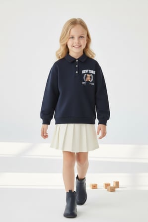 Kız Çocuk Sweatshirt Ayıcık Baskılı Lacivert Polo Yaka Düğmeli Günlük ve Özel Gün