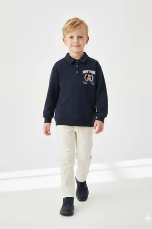 Erkek Çocuk Sweatshirt Ayıcık Baskılı Lacivert Polo Yaka Düğmeli Günlük ve Özel Gün