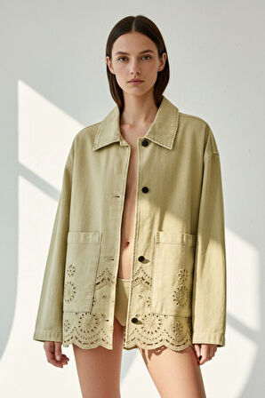 Kadın Yağ Yeşili Düğmeli Uzun Kollu Lazer Kesim Nakışlı %100 Pamuk Oversize -Yeni Sezon Kadın Ceket