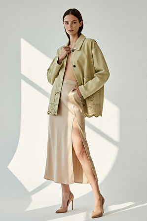 Kadın Yağ Yeşili Düğmeli Uzun Kollu Lazer Kesim Nakışlı %100 Pamuk Oversize -Yeni Sezon Kadın Ceket