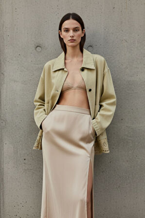 Kadın Yağ Yeşili Düğmeli Uzun Kollu Lazer Kesim Nakışlı %100 Pamuk Oversize -Yeni Sezon Kadın Ceket