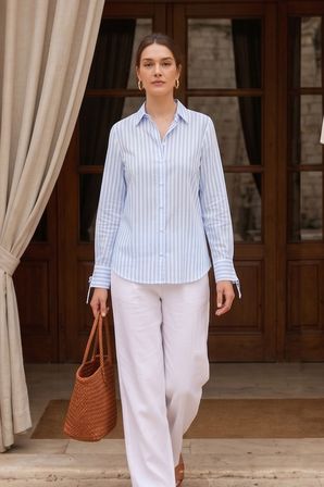 Kadın Mavi Çizgili Gömlek Uzun Kollu Oversize Pamuklu Günlük Ofis Şık Casual Çizgili Gömlek