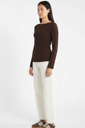 Kadın Kahverengi Bisiklet Yaka Slim Fit Dokulu Drapeli Basic Uzun Kollu Bluz - Kadın Bluz
