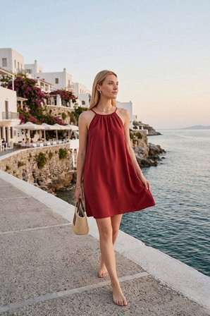 Kadın Bordo Askılı Elbise Rahat Kesim Yazlık Şık Günlük Tatil Elbisesi Mini Salaş Elbise