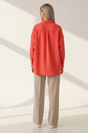 Kadın Mercan Classic Regular Fit Düğmeli Uzun Kollu Dokuma Rahat Kesim Bluz, Kadın Gömlek Bluz