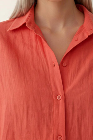 Kadın Mercan Classic Regular Fit Düğmeli Uzun Kollu Dokuma Rahat Kesim Bluz, Kadın Gömlek Bluz