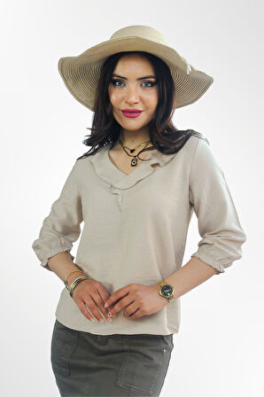 Kadın Bej Şık Rahat Kesim Uzun Kollu  V Yaka Fırfırlı Bluz - Günlük ve Ofis Kombinleri İçin