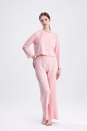 Laperissa Kadın Pijama Takımı Alt Üst XL Pembe Çizgili Fitilli Dalgıç Kumaş