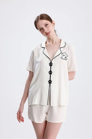 Laperissa Kadın Pijama Takımı Kedi Desenli Sarma Nakışlı Çok Renkli XS