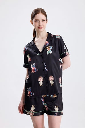 Laperissa Kadın Pijama Takımı Desenli Saten Polyester Çok Renkli XL Şal Yaka Kısa Kollu Şortlu Alt Üst Takım