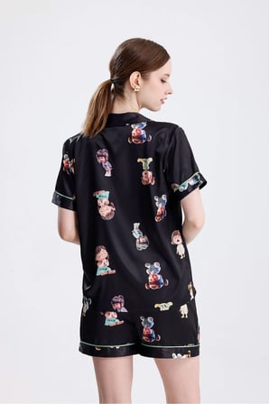 Laperissa Kadın Pijama Takımı Desenli Saten Polyester Çok Renkli XL Şal Yaka Kısa Kollu Şortlu Alt Üst Takım