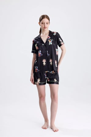 Laperissa Kadın Pijama Takımı Desenli Saten Polyester Çok Renkli XL Şal Yaka Kısa Kollu Şortlu Alt Üst Takım