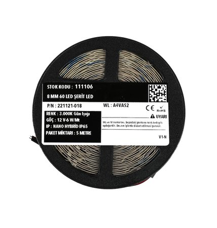 Ledronics Premium 12V Nano Hybrid Şerit LED - Dış Mekan IP65 Su Geçirmez, 6W/Mt 8mm 60 LED, 3000K Gün Işığı - 10 Metre (2x5 Metre)