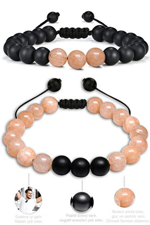 Sertifikalı Gerçek Pembe Renk Kuvars Taşı Çift Doğal Taş Bileklik Seti Doğal Bej Renk 