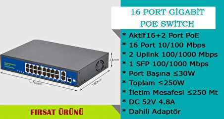 16 Port 10/100/1000MBPS 16+2 Gigabit Poe Switch