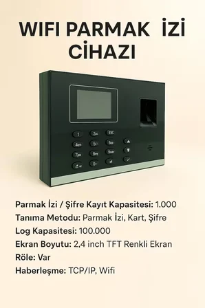 Wifi Kablosuz Kartlı Parmak izi+Kartlı+Şifreli Personel Takip Cihazı-Maaş Programı -(25 KART DAHİL)