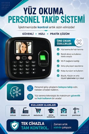 Wifi Kablosuz Kartlı Yüz Okuma-Parmak izi Personel Takip Cihazı-Web giriş Çıkış Yazılımı -(10 KART DAHİL)