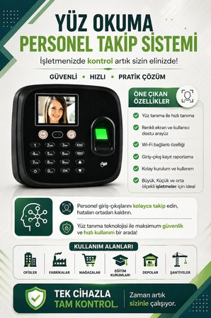 Wifi Kablosuz Kartlı Yüz Okuma-Parmak izi Personel Takip Cihazı-Maaş Puantaj Yazılımı -(10 KART DAHİL)