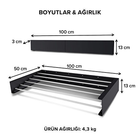 Kurutmalık Çamaşır Askısı - Duvara Monte Çamaşırlık - Patentli Tasarım Antrasit-100cm