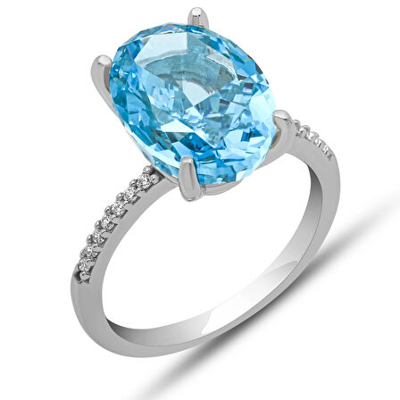 Gümüş Ice Cut Oval Mavi Zirkon Taşlı Kadın Yüzük