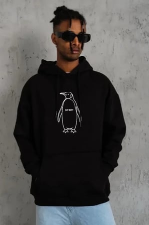 Erkek Nihilist Penguen Özel Tasarım Oversize Kapüşonlu Sweatshirt