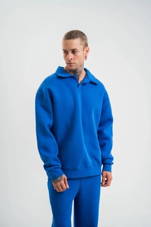Erkek Patlı Yaka Üç İplik Pamuklu Sweatshirt Double Oversize Rahat Kalıp Günlük Kullanım