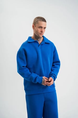 Erkek Patlı Yaka Üç İplik Pamuklu Sweatshirt Double Oversize Rahat Kalıp Günlük Kullanım