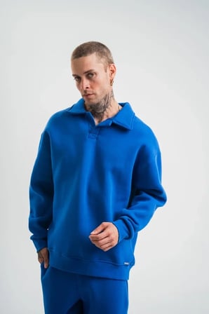 Erkek Patlı Yaka Üç İplik Pamuklu Sweatshirt Double Oversize Rahat Kalıp Günlük Kullanım