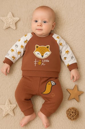 Littie Fox Nakışlı % 100 Pamuklu 2'li Erkek Takım