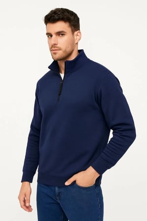 Erkek Dik Yaka Sweatshirt Dik Yaka Yarım Fermuarlı 3 İplik Şardonlu Pamuk Kumaş