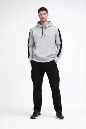 Erkek Şeritli Kapüşonlu Sweatshirt Oversize 3 Iplik Pamuklu