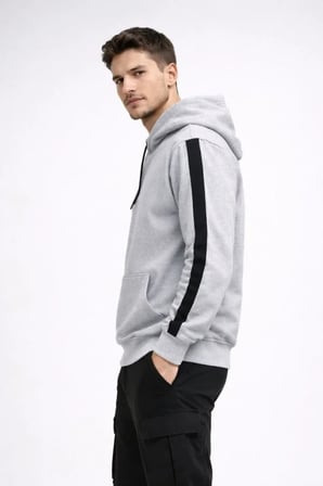 Erkek Şeritli Kapüşonlu Sweatshirt Oversize 3 Iplik Pamuklu