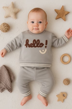 Hello Nakışlı % 100 Pamuk 2'li Erkek Bebek Takım