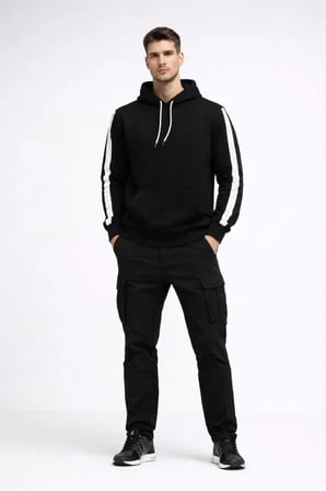 Erkek Şeritli Kapüşonlu Sweatshirt Oversize 3 Iplik Pamuklu