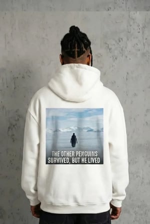 Siyah Oversize Hoodie  Sırt Baskılı Survivor Penguin Temalı, Felsefi Yazılı Kapüşonlu Sweatshirt