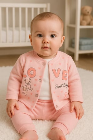 Love Tavşan Desenli Kol Detaylı 3'lü Hırkalı Kız Bebek Takım