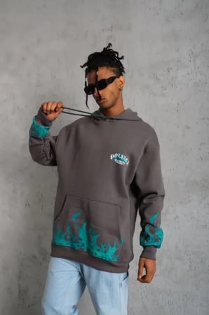 Erkek Üç İplik İçi Pamuklu Alev Baskılı Kapüşonlu Sweatshirt