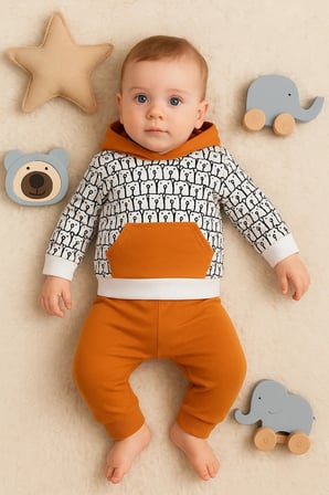 Minik Ayıcıklar Desenli 2'li % 100 Pamuk Erkek Bebek Takımı