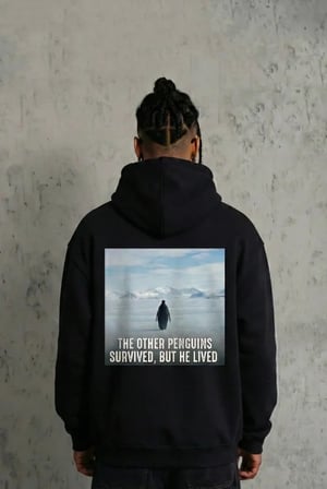 Oversize Hoodie  Sırt Baskılı Survivor Penguin Temalı, Felsefi Yazılı Kapüşonlu Sweatshirt