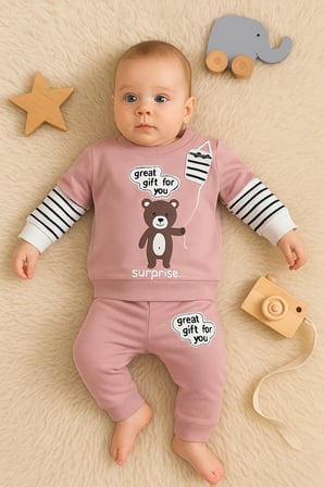 Gift For You Desenli 2'li % 100 Pamuk Kız Bebek Takımı
