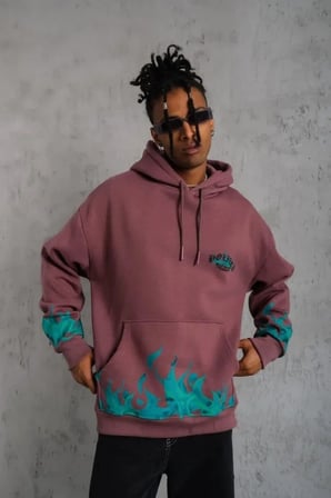 Erkek Üç İplik Içi Pamuklu Alev Baskılı Kapüşonlu Sweatshirt