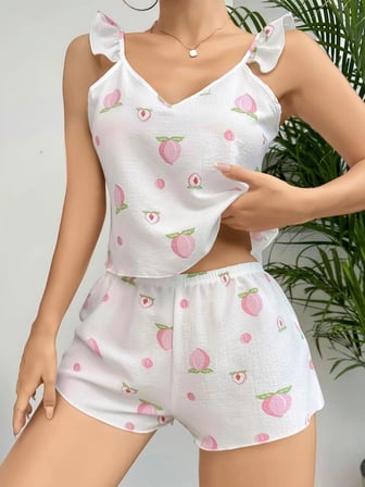 Pamuklu Beyaz Üstüne Çiçek Desen Fırfır Askılı Şortlu Pijama Takımı