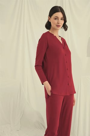 Uzun Kollu Boydan Düğmeli V Yaka Pijama Takımı