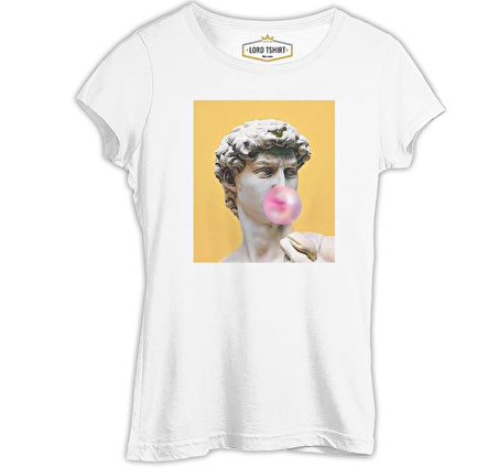 Michelangelo - David Behind Bubble Gum Beyaz Bayan Tshirt