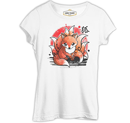 Japon - Kitsune Ay  Beyaz Bayan Tshirt