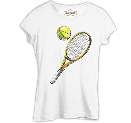 Tenis - Raket ve Top Beyaz Bayan Tshirt