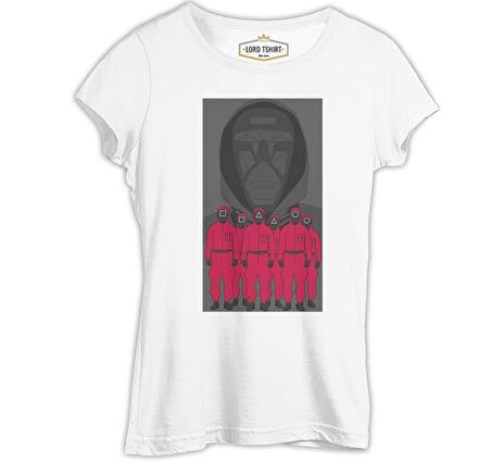 Squid Game - Maske Gri ve Askerler Beyaz Bayan Tshirt