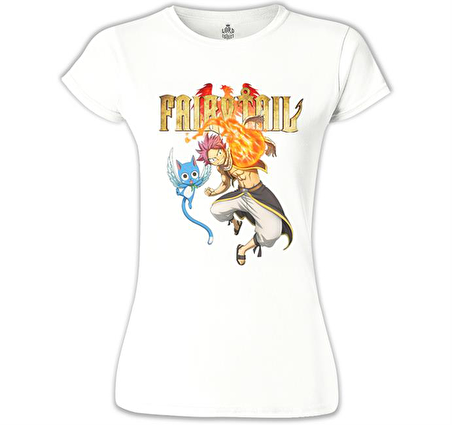 Fairy Tail - Natsu & Happy Beyaz Bayan Tshirt
